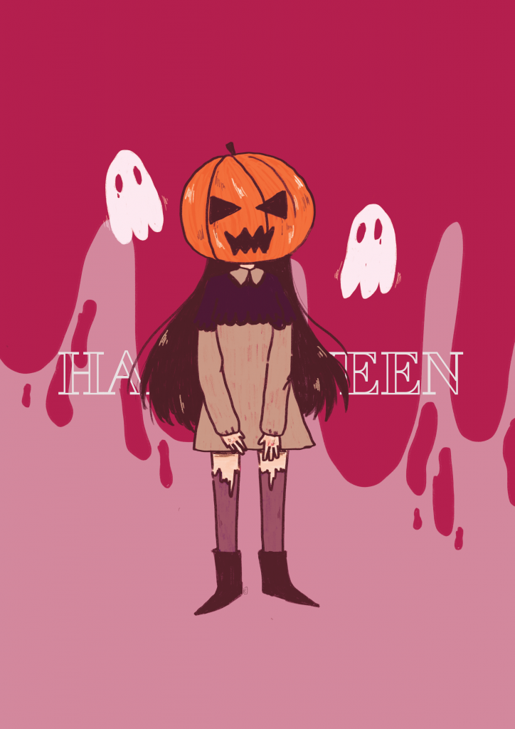 Illustration d'Halloween 2021. On y voit une jeune fille avec une citrouille sur la tête devant un fond rose.